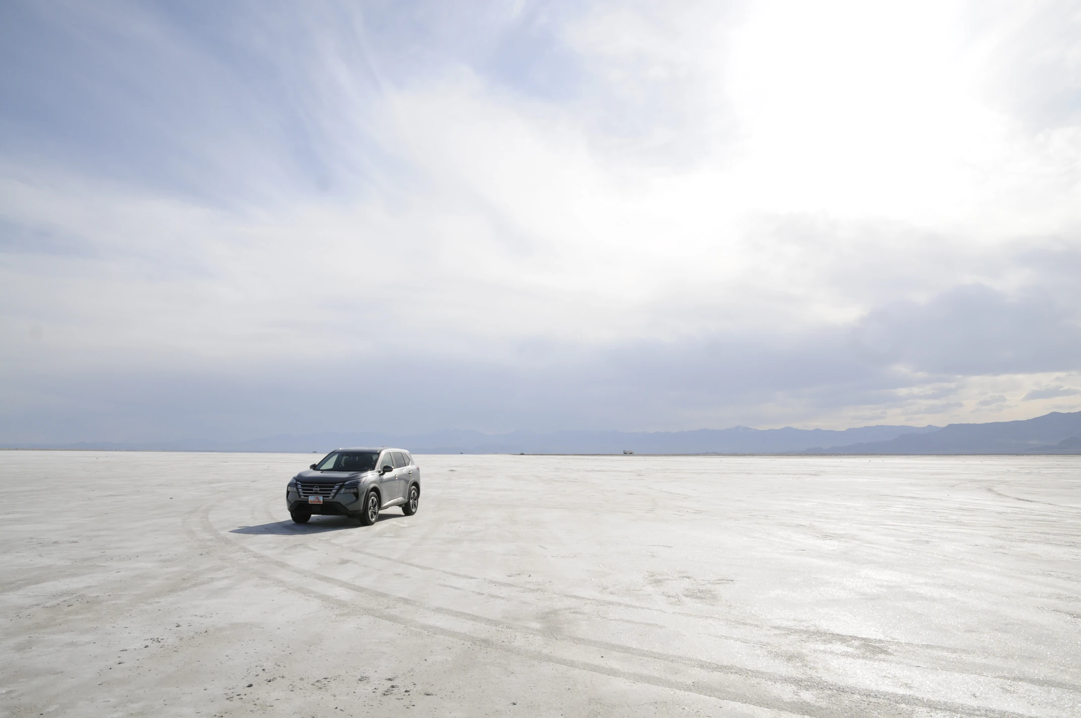 Zoomed out shot of car on Salt Flats